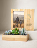 Bamboo sympathy gift set with three succulents in a wooden planter and a matching bamboo photo frame with memorial quote. - Image 