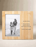 Personalized light bamboo picture frame featuring a black and white beach photo and engraved memorial text. - Image 