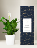 A tall rectangular gift box with a navy blue cover decorated with gold string lights and dots, featuring a white 'Happy Holidays' label, stands next to a potted peace lily plant on a light beige background. - Image 