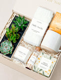 Forever Remembered gift box containing three succulents, white fluffy socks, a ceramic mug, a vanilla candle, and matches. - Image 