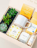 Happy Birthday gift box with three succulents, a ceramic mug, herbal tea, salted toffee chocolate, a vanilla candle, and matches. - Image 
