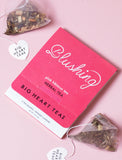 Bright pink Blushing hibiscus herbal tea box with two pyramid tea sachets on a matching pink background. - Image 