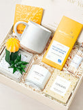 Congrats gift box featuring a succulent, speckled ceramic mug, artisan chocolate, a vanilla candle, and matches in a gift crate. - Image 