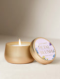 Brass tin candle with purple label. - Image 