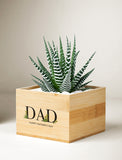 Zebra succulent in a square bamboo planter engraved with DAD and Happy Father's Day text. - Image 